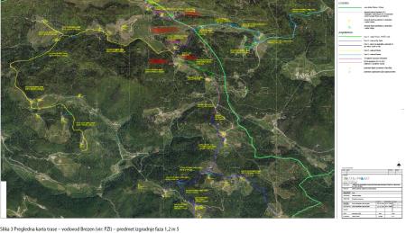 Pregledna karta trase -  vodovod Brezen: predmet izgradnje 1., 2. in 5. faza